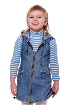 Portrait of Little girl wearing jeans dress isolated on white