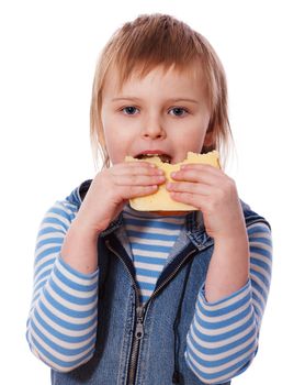 Girl eating cheese sandwich isolated on white