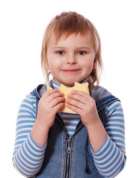 Girl eating cheese sandwich isolated on white