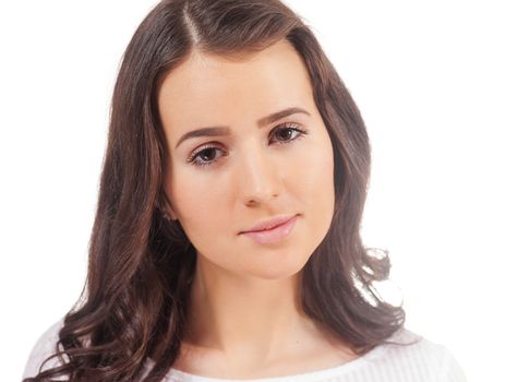 Smiling young woman with long dark hair isolated on white