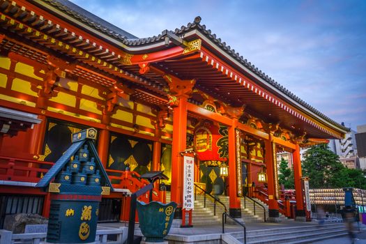 Senso-ji Kannon temple Hondo at sunset, Tokyo, Japan