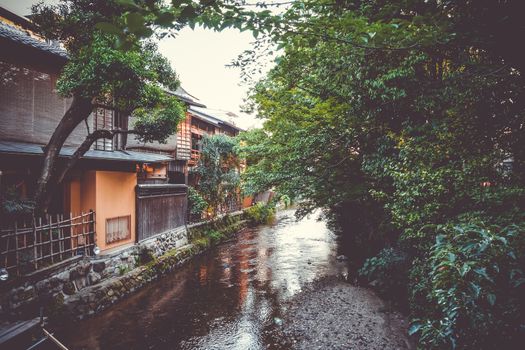 Traditional japanese houses on Shirakawa river in the Gion district, Kyoto, Japan