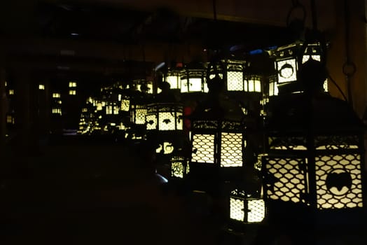 Lanterns lighting in the dark, Kasuga-Taisha Shrine temple, Nara, Japan