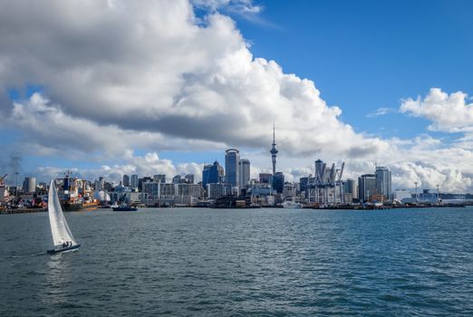 Auckland city center view from the sea and sailing ship, New Zealand