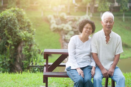Happy Asian elderly couple sitting on bench in summer park.