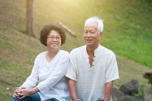 Old couple outdoor. Smiling senior woman and man. 