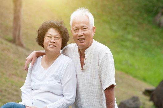 Happy elderly Asian seniors couple in park.