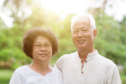 Happy old Asian couple smiling in a park on a sunny day.