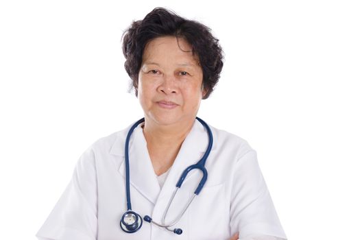 Professional Asian female medical doctor smiling,  standing isolated on white background.
