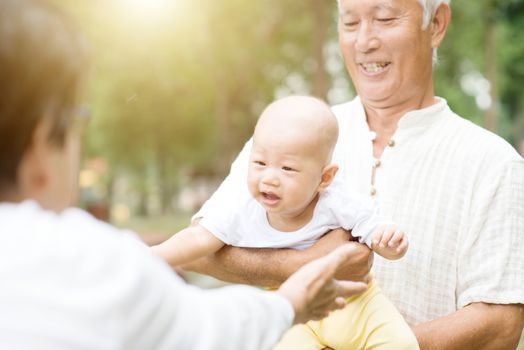 Happy grandparents playing with their grandchild at outdoor park, Asian family, life insurance concept.