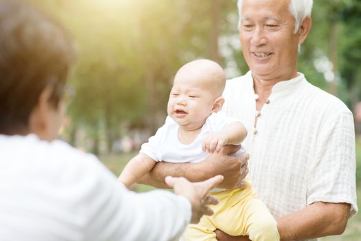 Grandparents holding baby grandchild at outdoor park, Asian family, life insurance concept.