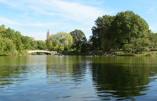 Bow Bridge over The Lake in Central Park on a sunny day. Tourists and locals relax on the grass and row boats across the water.