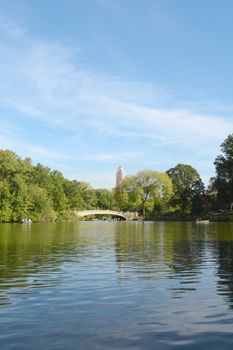 Bow Bridge crosses The Lake in Central Park, Manhattan, New York. The calm water reflects the surrounding green trees.