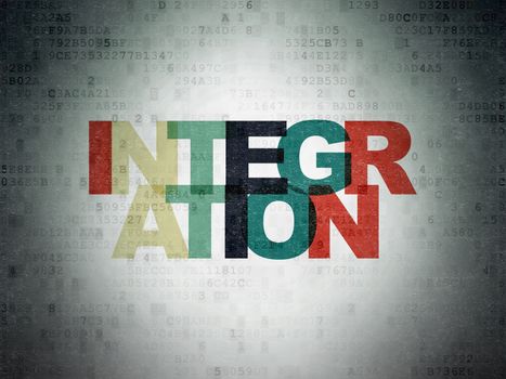 Business concept: Painted multicolor text Integration on Digital Data Paper background