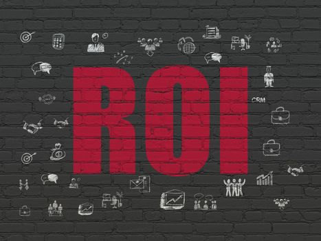 Finance concept: Painted red text ROI on Black Brick wall background with  Hand Drawn Business Icons