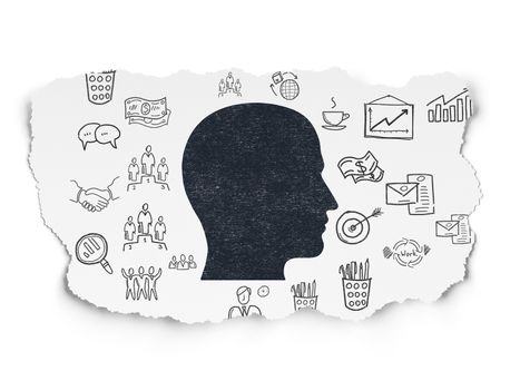 Business concept: Painted black Head icon on Torn Paper background with  Hand Drawn Business Icons