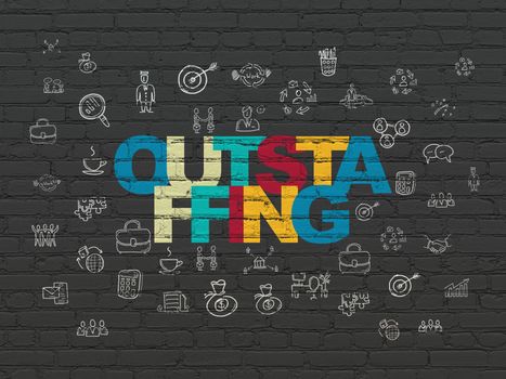 Business concept: Painted multicolor text Outstaffing on Black Brick wall background with  Hand Drawn Business Icons