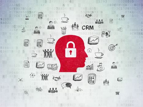 Finance concept: Painted red Head With Padlock icon on Digital Data Paper background with  Hand Drawn Business Icons