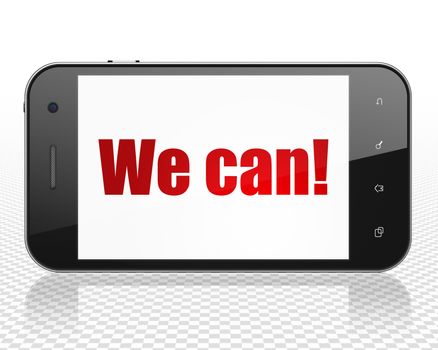 Business concept: Smartphone with red text We can! on display, 3D rendering