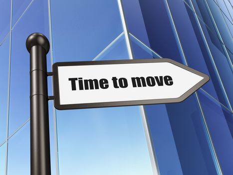 Timeline concept: sign Time to Move on Building background, 3D rendering
