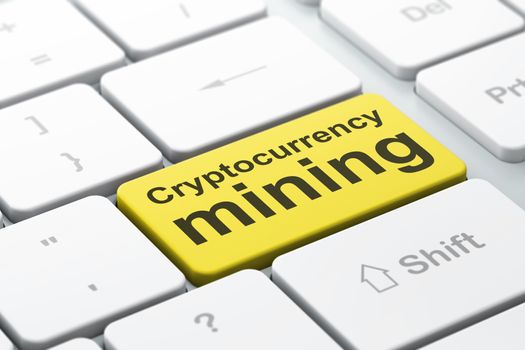 Blockchain concept: computer keyboard with word Cryptocurrency Mining, selected focus on enter button background, 3D rendering