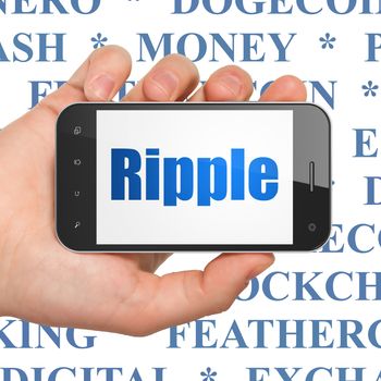 Cryptocurrency concept: Hand Holding Smartphone with  blue text Ripple on display,  Tag Cloud background, 3D rendering