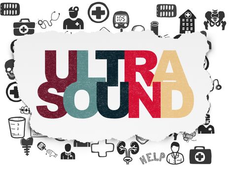 Medicine concept: Painted multicolor text Ultrasound on Torn Paper background with  Hand Drawn Medicine Icons
