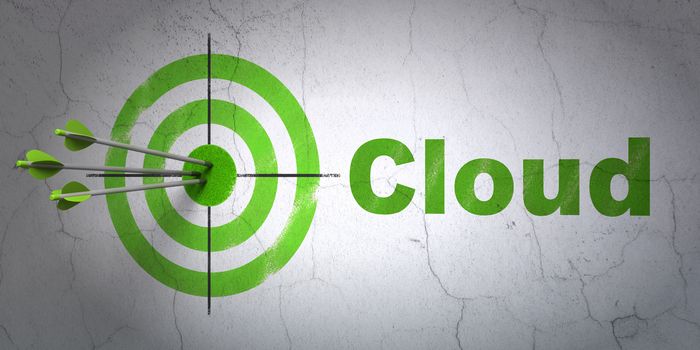 Success cloud computing concept: arrows hitting the center of target, Green Cloud on wall background, 3D rendering