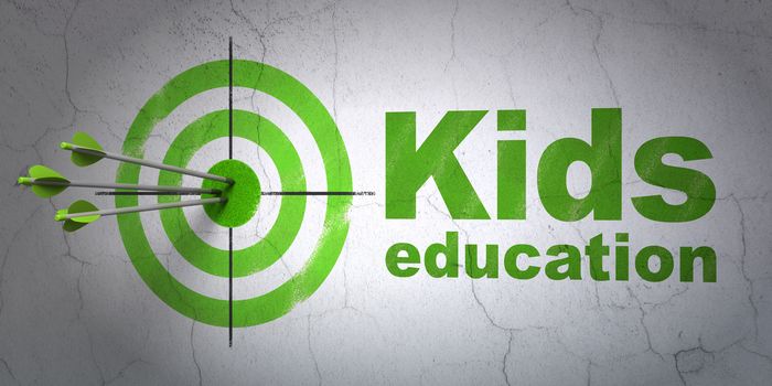 Success Education concept: arrows hitting the center of target, Green Kids Education on wall background, 3D rendering