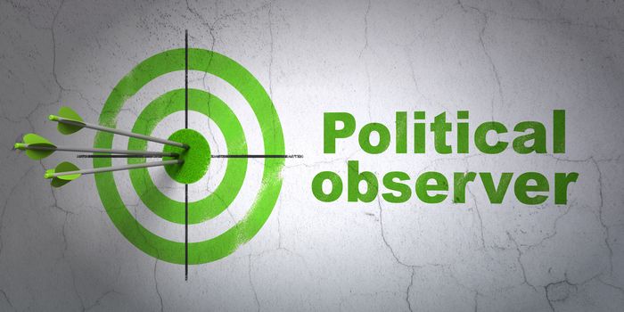 Success political concept: arrows hitting the center of target, Green Political Observer on wall background, 3D rendering