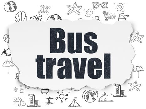 Travel concept: Painted black text Bus Travel on Torn Paper background with  Hand Drawn Vacation Icons
