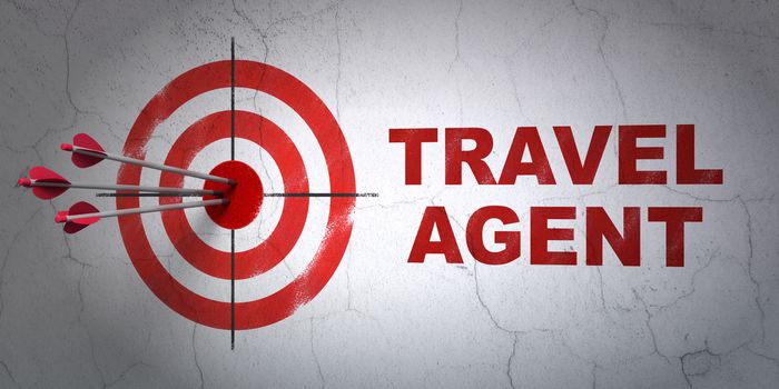 Success travel concept: arrows hitting the center of target, Red Travel Agent on wall background, 3D rendering