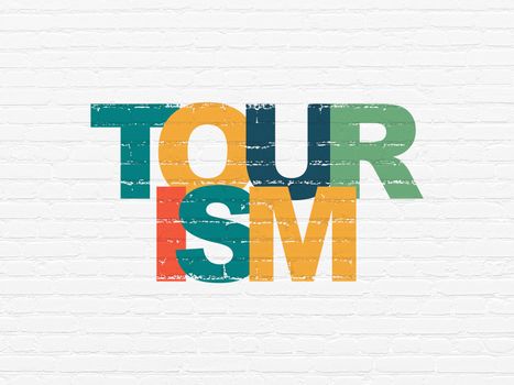 Tourism concept: Painted multicolor text Tourism on White Brick wall background