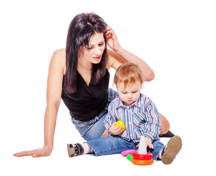 Mother playing with son isolated on white