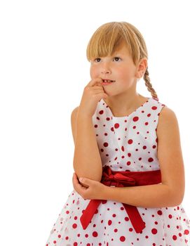 worried eight years girl biting fingers isolated on white
