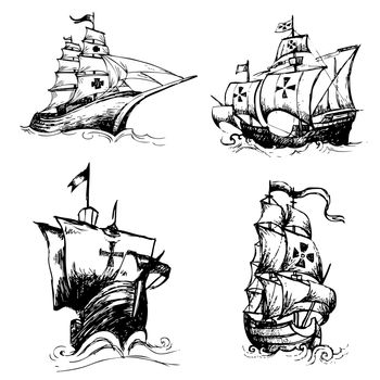 freehand sketch illustration a set of columbus ship, doodle hand drawn