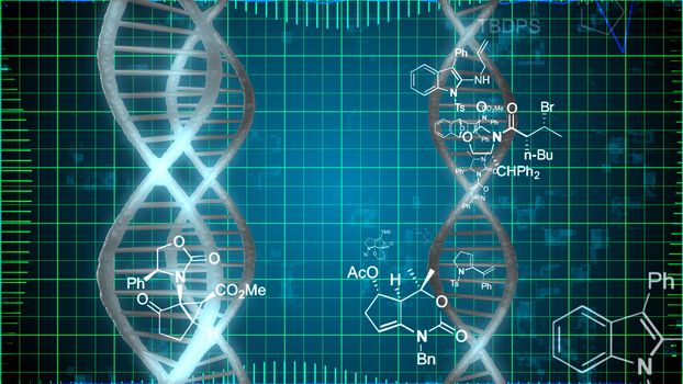A chemical 3d illustration of silver DNA spirals with drawings nearby in the blue background. The drawings are imposed on white hexagonal and pentagon shapes, united with each other.
