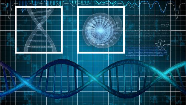 A neo-geo 3d rendering of silver DNA spirals with formulas nearby in the blue background. Two white squares are imposed on a gray spiral and a star looking macromolecule