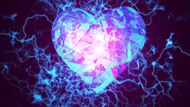 An abstract 3d rendering of a heart shaped brain serving as a high speed CPU. It is encircled with powerful lightning lines in the dark blue background