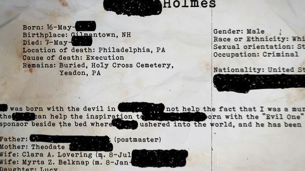 A sad 3d illustration of a criminal record of a murderer who was born in Gilmantown, New Hampshire, on May 16, and was executed for evil crimes. The other info is hidden with black ink. 