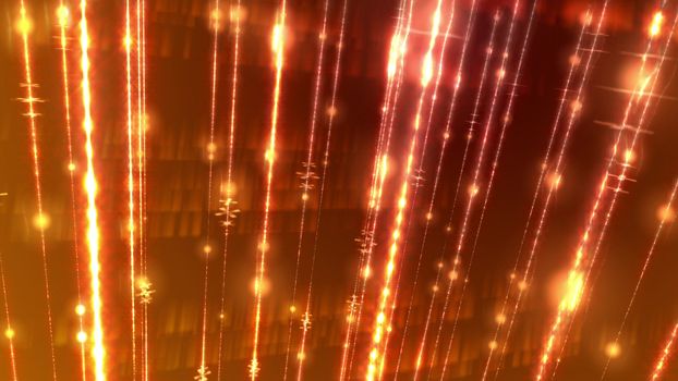 An impressive 3d illustration of golden rays shining vertically in a parallel way. They sparkle in the golden background. The rows of golden bricks are seen in the background.