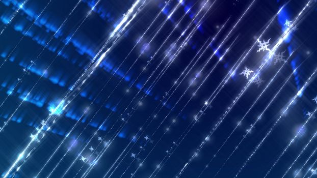 An exciting 3d illustration of white rays rushing aslant in a parallel way. They shine in the blue background. The rows of white spots are seen in the background.