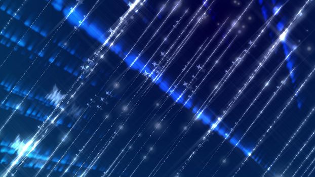 A sparkling 3d rendering of white rays rushing diagonally in a parallel way. They shimmer in the blue background. Several quadrangular stars are seen among bright beams too.