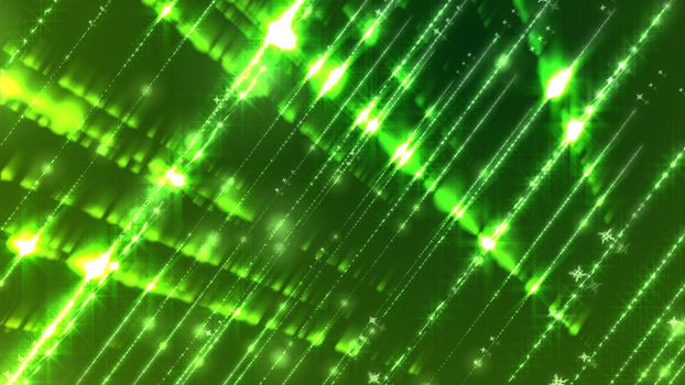 A shimmering 3d rendering of white rays dashing diagonally in a parallel way. They shimmer in the green background. A lot of plasma looking spots are seen among bright beams too.