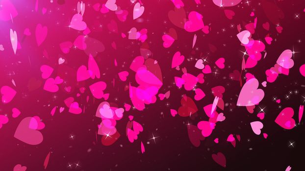 An amorous 3d illustration of rosy petal-looking hearts flying in the air. They look romantic like hearts of darlings in the dark pink background. Saint Valentine is approaching!