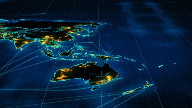 A holographic 3d illustration of a world map placed askew, with a light blue network, bright and curvy blue mass media links, yellow urban areas in the blue network