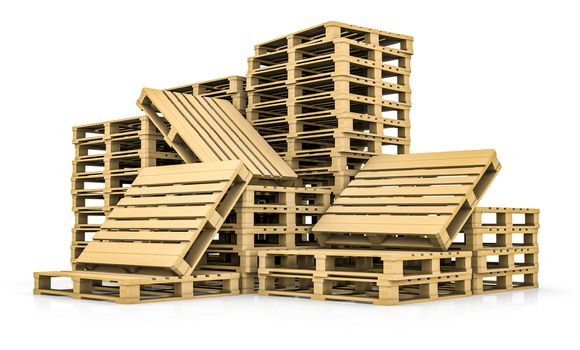 Stack of wooden pallets, isolated on white. 3D illustration