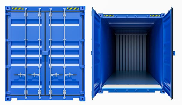 Blue cargo freight container, opened and closed, isolated on white background. 3d illustration