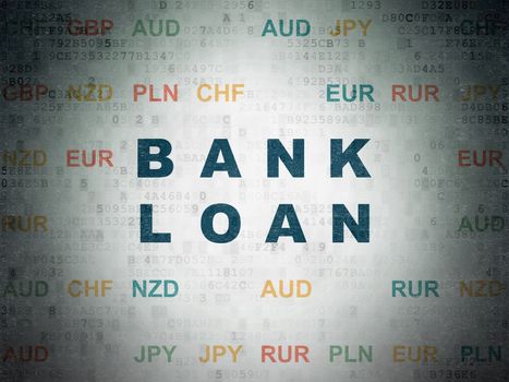 Banking concept: Painted blue text Bank Loan on Digital Data Paper background with Currency