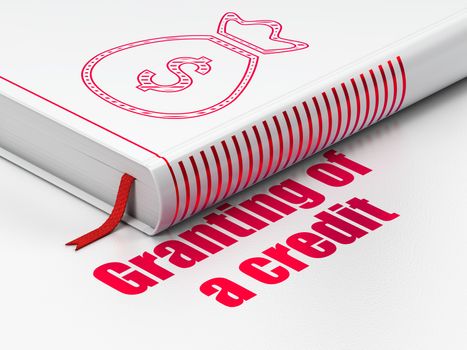 Money concept: closed book with Red Money Bag icon and text Granting of A credit on floor, white background, 3D rendering